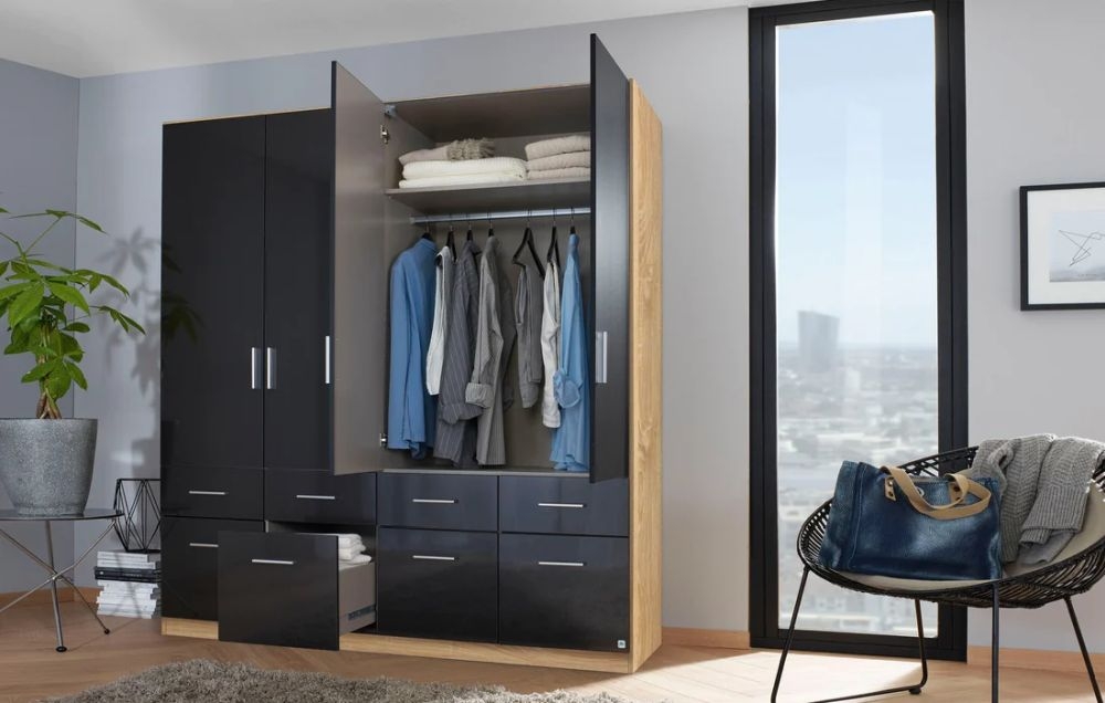 Product photograph of Rauch Celle 4 Door Charcoal Black And Oak Combi Wardrobe - 181cm from Choice Furniture Superstore.