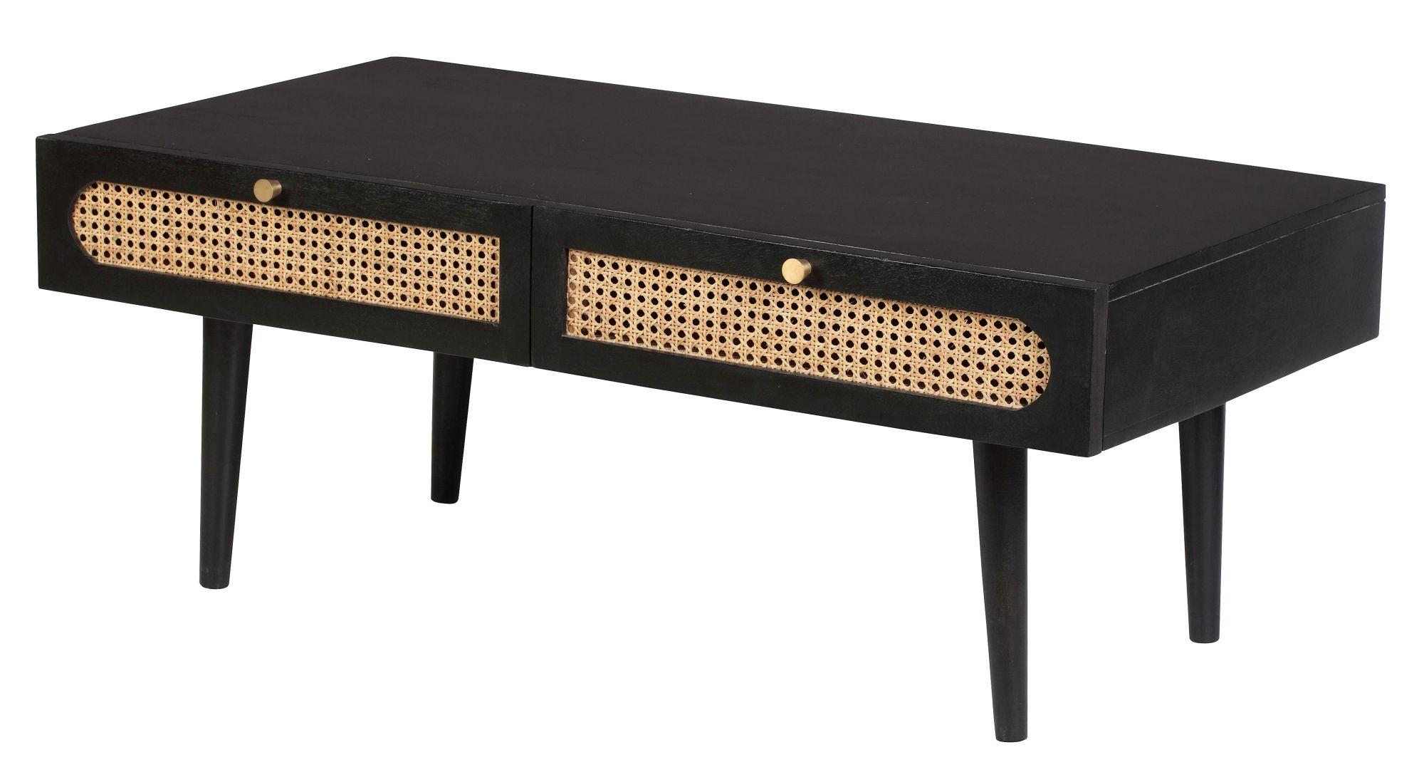 Product photograph of Clearance - Japandi Black Mango Wood And Rattan 2 Drawer Coffee Table from Choice Furniture Superstore.