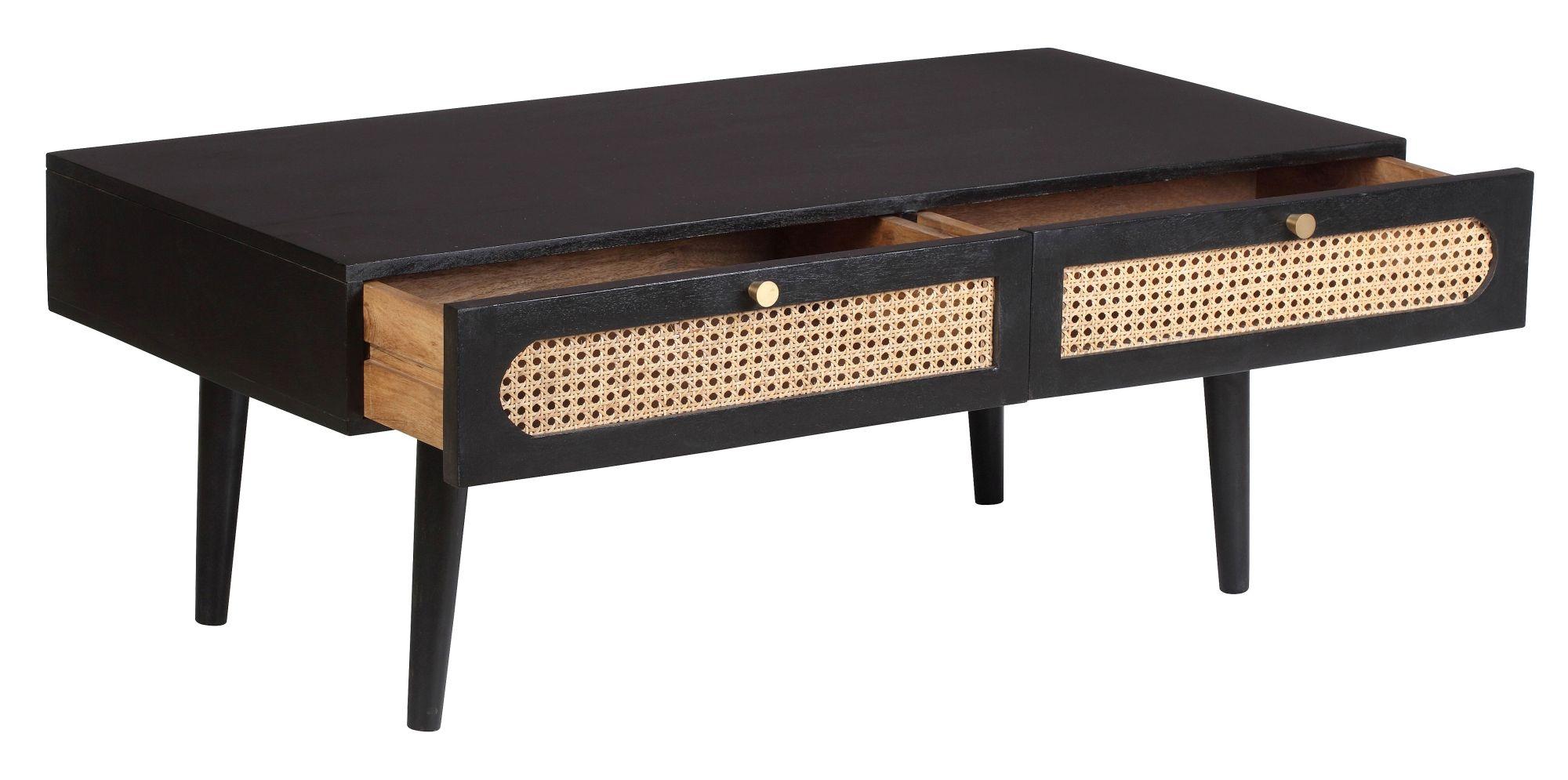 Product photograph of Clearance - Japandi Black Mango Wood And Rattan 2 Drawer Coffee Table from Choice Furniture Superstore.