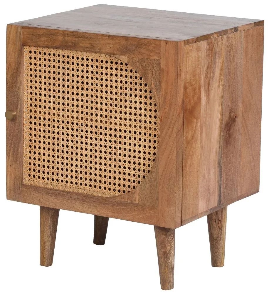 Product photograph of Japandi Natural Mango Wood And Rattan 1 Door Bedside Cabinet from Choice Furniture Superstore.
