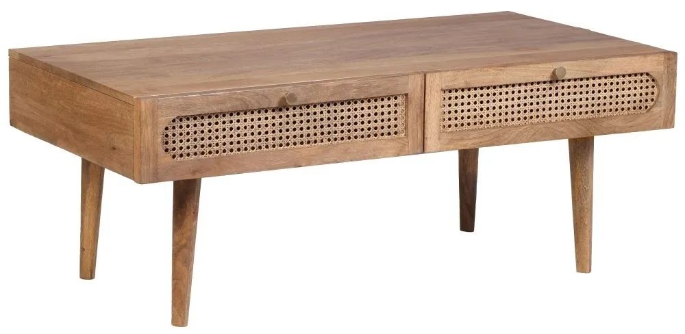 Product photograph of Japandi Natural Mango Wood And Rattan 2 Drawer Coffee Table from Choice Furniture Superstore.