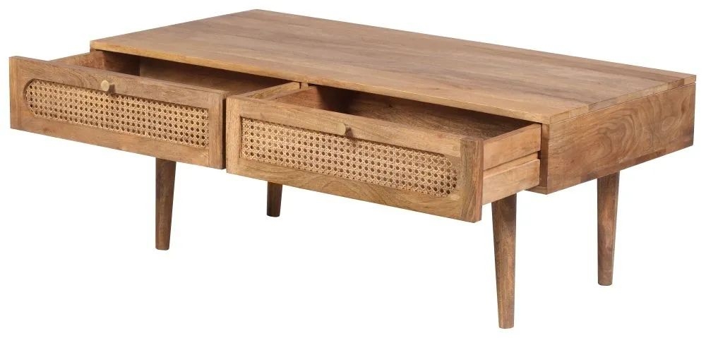 Product photograph of Japandi Natural Mango Wood And Rattan 2 Drawer Coffee Table from Choice Furniture Superstore.