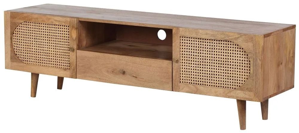 Product photograph of Japandi Natural Mango Wood And Rattan 2 Door 1 Drawer Tv Unit from Choice Furniture Superstore.