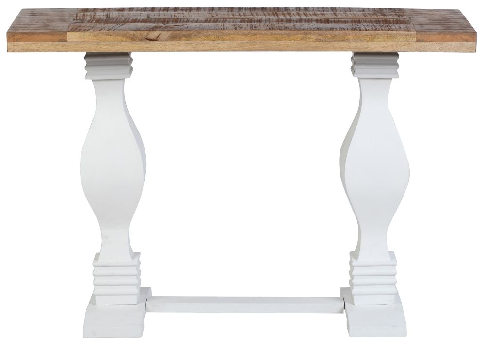 Product photograph of Farmhouse Mango Wood Console Table Natural Top And White Pedestal Base from Choice Furniture Superstore.