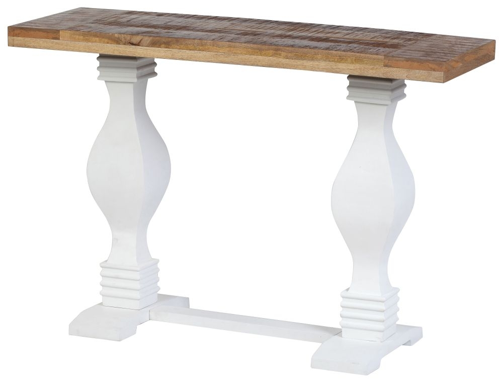 Product photograph of Farmhouse Mango Wood Console Table Natural Top And White Pedestal Base from Choice Furniture Superstore.