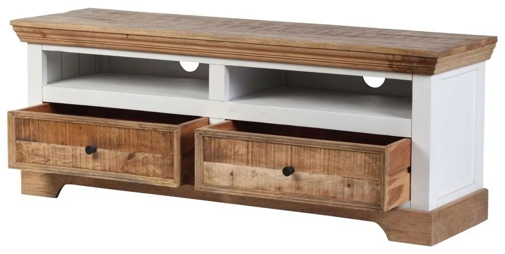 Product photograph of Farmhouse Mango Wood 2 Drawer Tv Unit Natural And White from Choice Furniture Superstore.