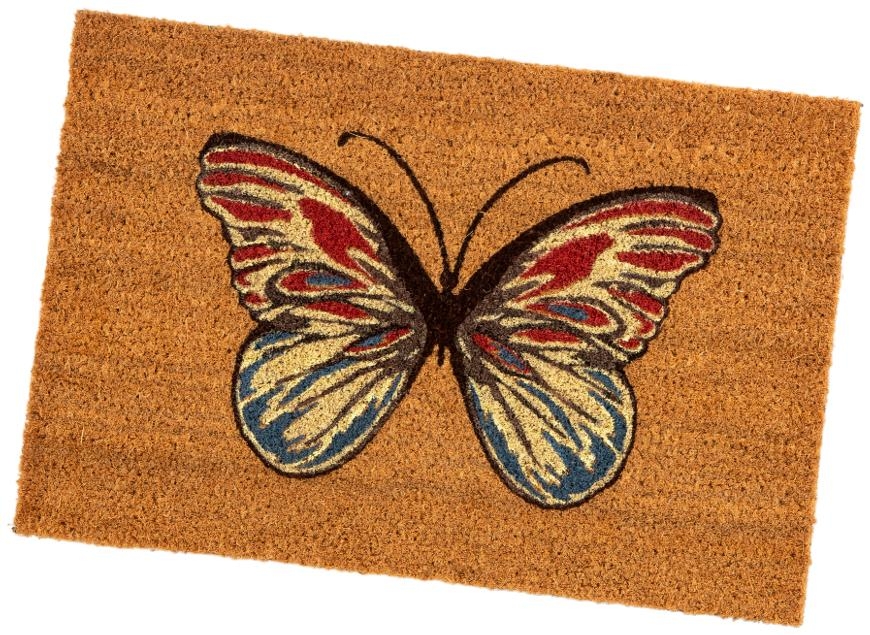 Product photograph of Astley Printed Butterfly Natural Pvc Backed Coir Doormat - 40cm X 60cm from Choice Furniture Superstore.