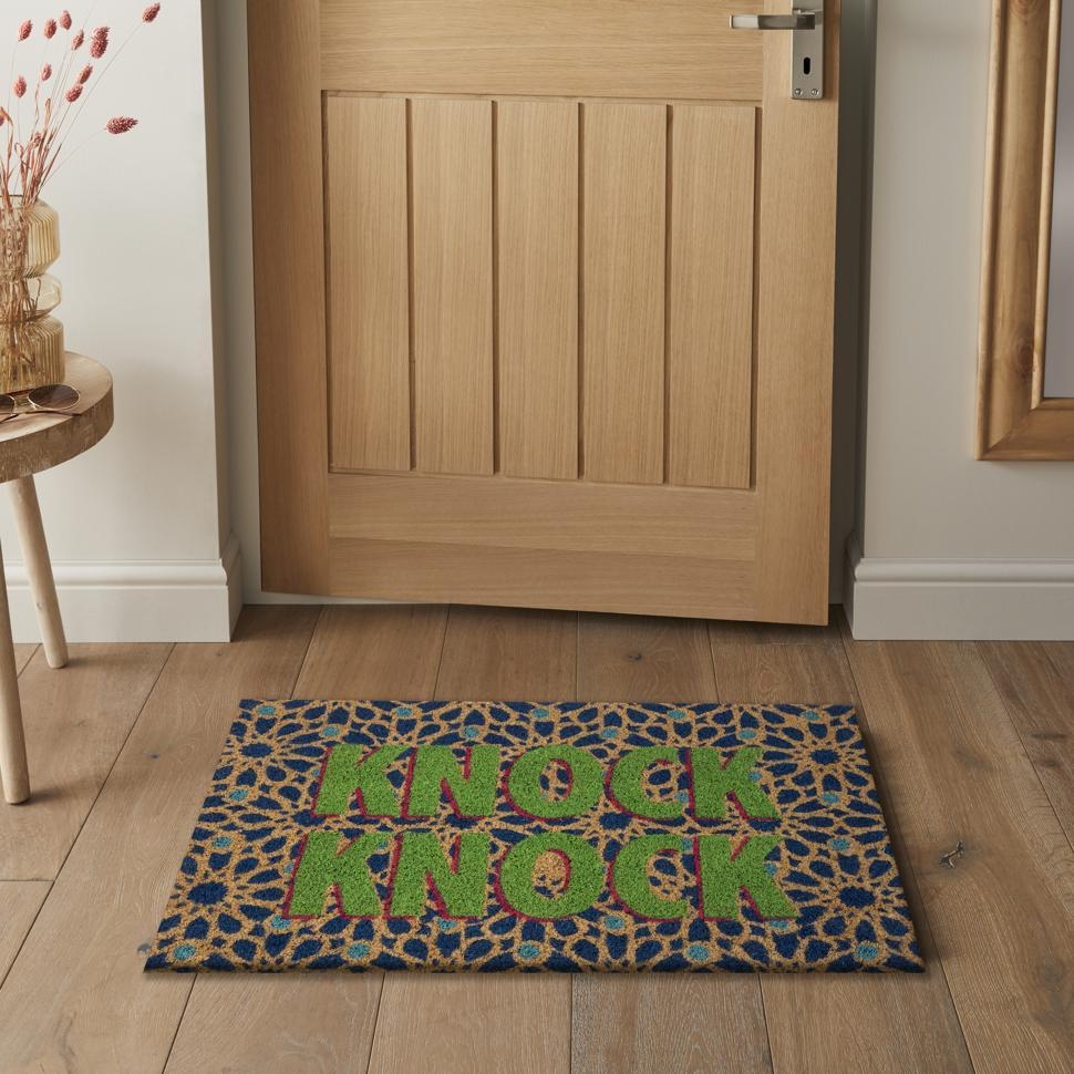 Product photograph of Astley Slogan Knock Knock Natural Pvc Latex Backed Coir Doormat - 40cm X 60cm from Choice Furniture Superstore.