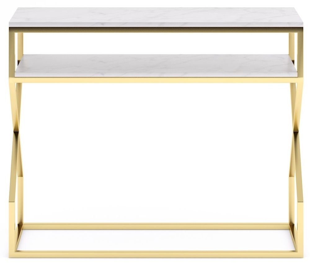 Product photograph of Scala White Marble Top And Gold Console Table With Middle Shelf from Choice Furniture Superstore.