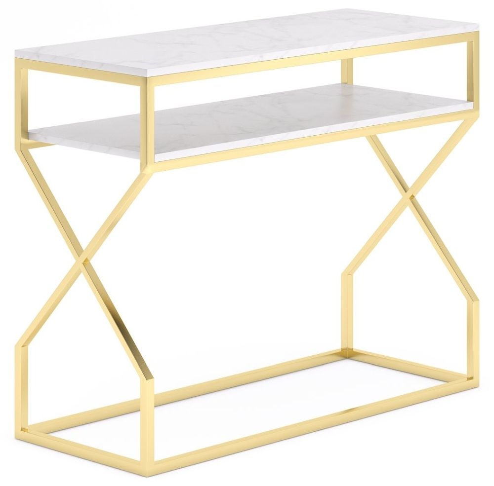 Product photograph of Scala White Marble Top And Gold Console Table With Middle Shelf from Choice Furniture Superstore.