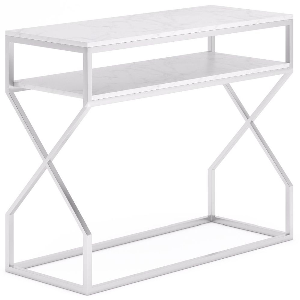 Product photograph of Scala White Marble Top And Chrome Console Table With Middle Shelf from Choice Furniture Superstore.