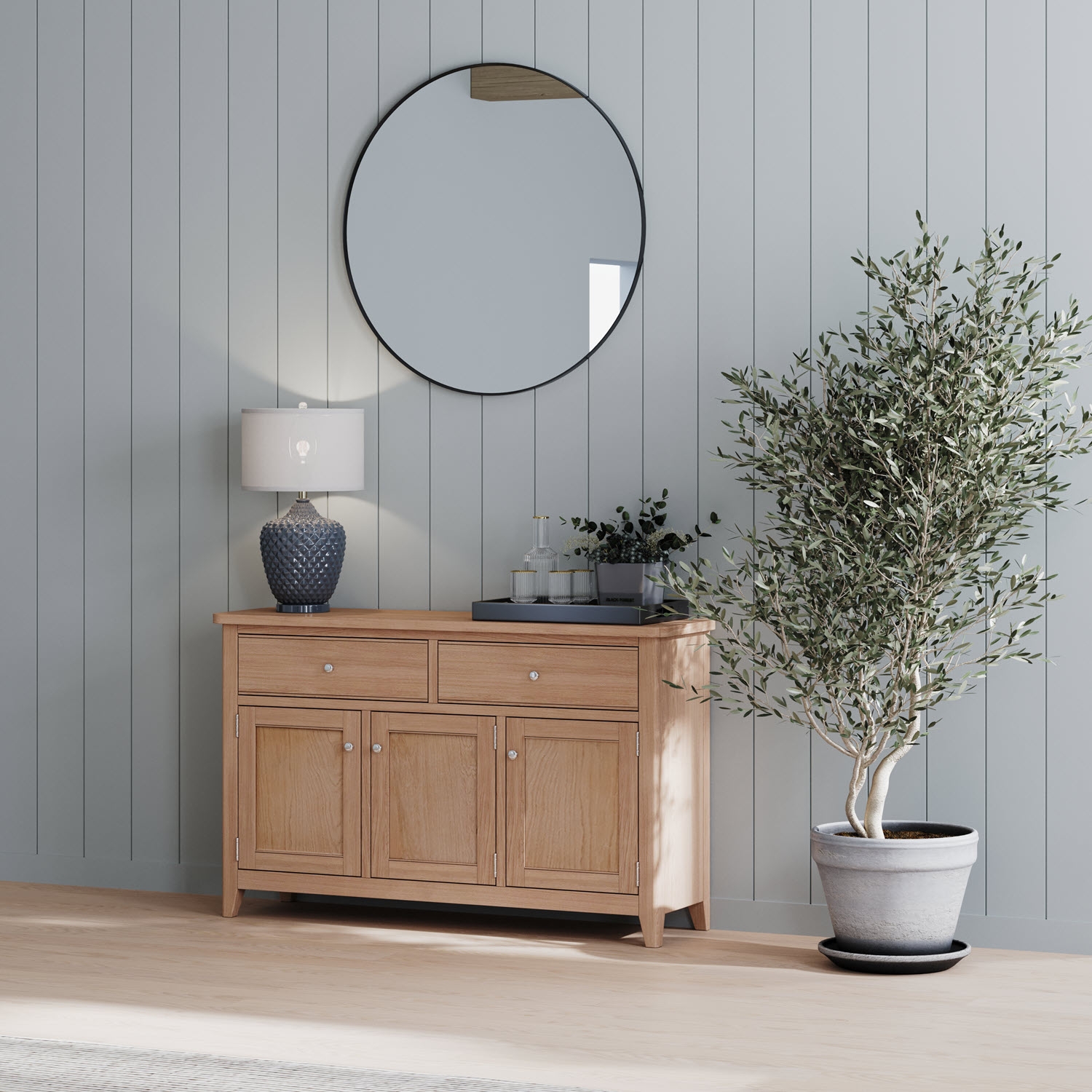 Product photograph of Arden Natual Oak Medium Sideboard 115cm With 3 Doors And 2 Drawers from Choice Furniture Superstore.