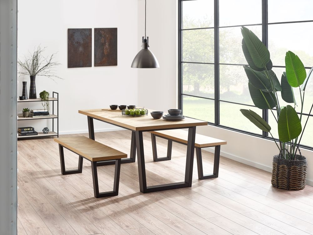 Product photograph of Hilton Black And Oak Herringbone Dining Set With 2 Bench from Choice Furniture Superstore.