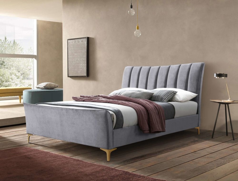 Product photograph of Clover Grey Velvet Fabric Bed - Comes In Double And King Size from Choice Furniture Superstore.