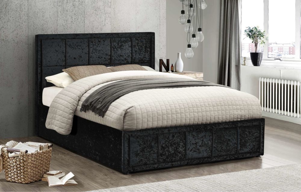 Product photograph of Hannover Black Crushed Velvet Fabric Ottoman Storage Bed - Sizes Available from Choice Furniture Superstore.