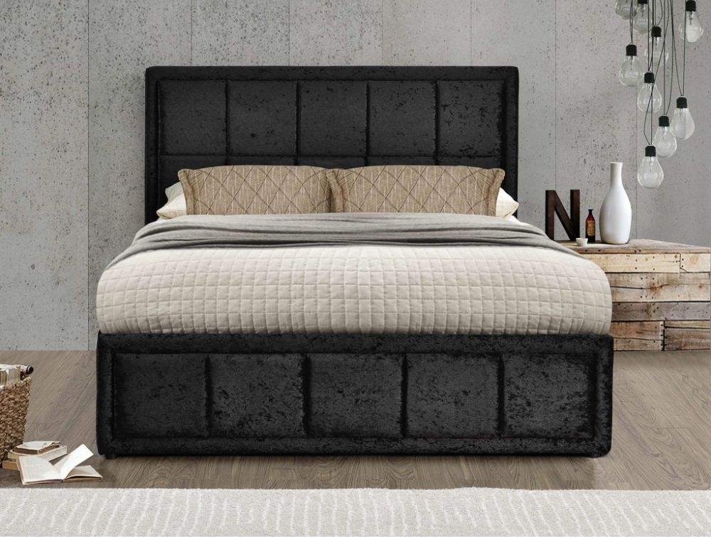 Product photograph of Hannover Black Crushed Velvet Fabric Ottoman Storage Bed - Sizes Available from Choice Furniture Superstore.