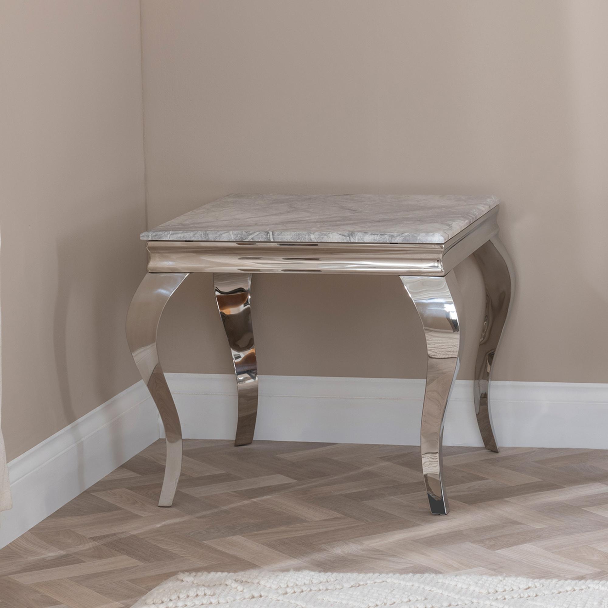 Product photograph of Louis Grey Marble And Chrome Square Side Table from Choice Furniture Superstore.