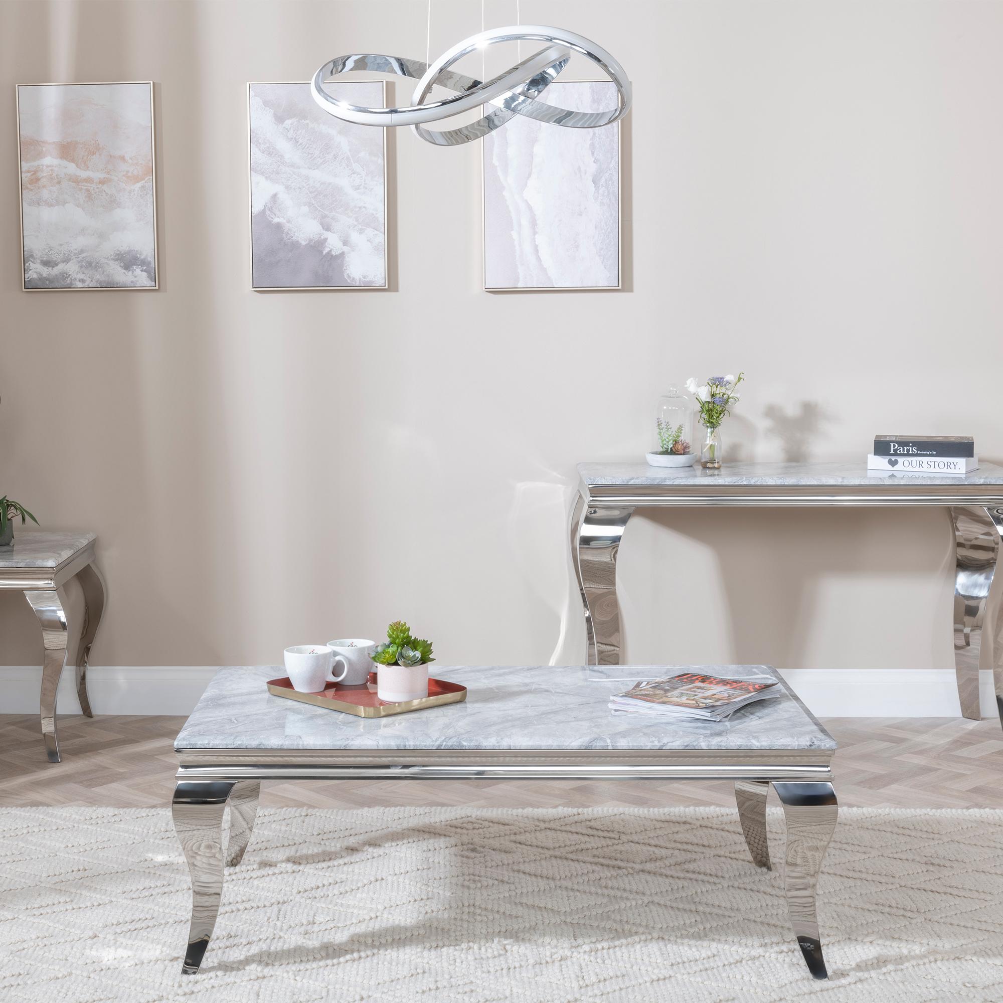 Product photograph of Louis Grey Marble And Chrome Coffee Table from Choice Furniture Superstore.