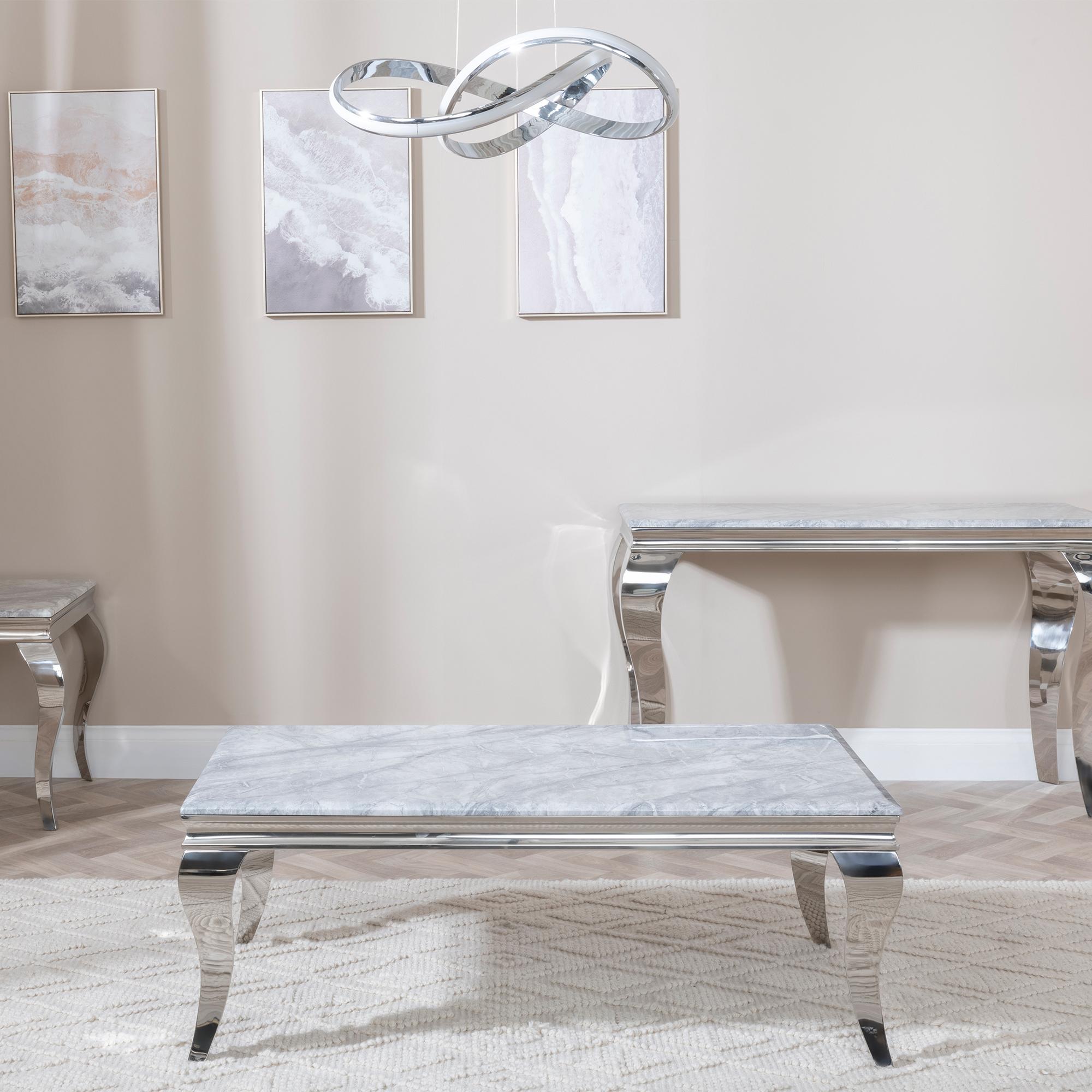 Product photograph of Louis Grey Marble And Chrome Coffee Table from Choice Furniture Superstore.