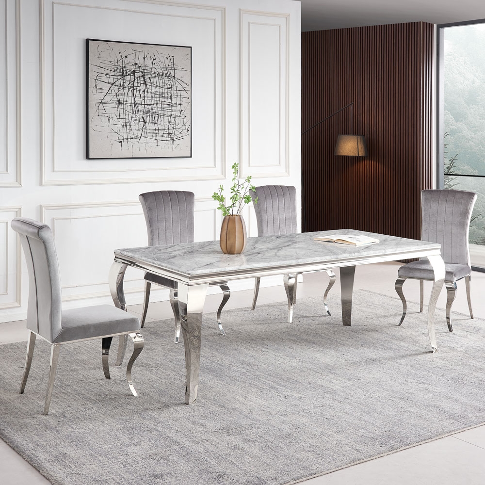 Product photograph of Louis Grey Marble And Chrome Dining Set With Grey Velvet Fabric Chairs - Comes In 4 6 8 Seater from Choice Furniture Superstore.