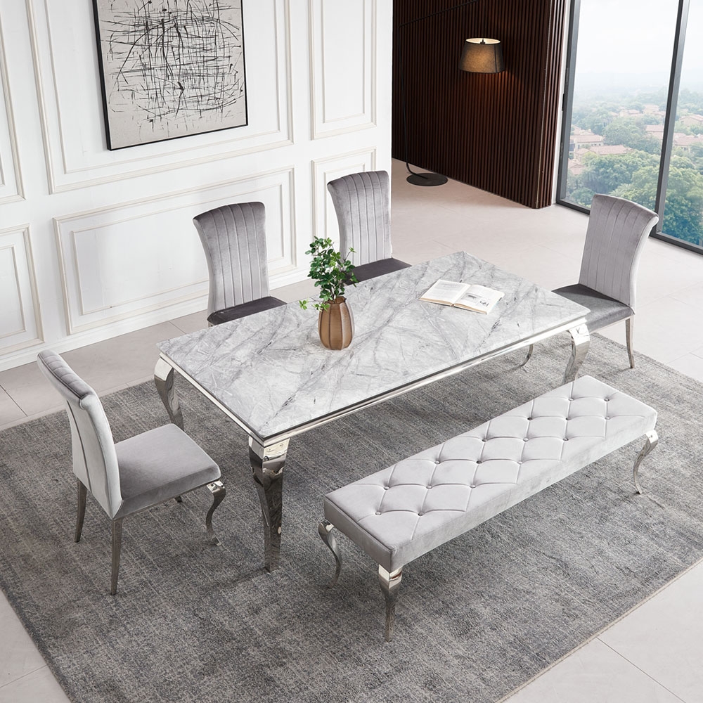 Product photograph of Louis Grey Marble And Chrome Dining Set With Grey Velvet Fabric Chairs - Comes In 4 6 8 Seater from Choice Furniture Superstore.