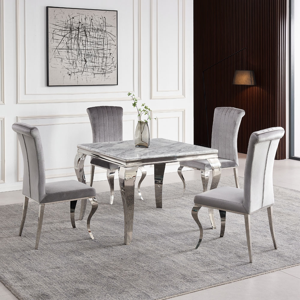 Product photograph of Louis Grey Marble And Chrome Square Dining Table With 4 Grey Velvet Fabric Chairs from Choice Furniture Superstore.