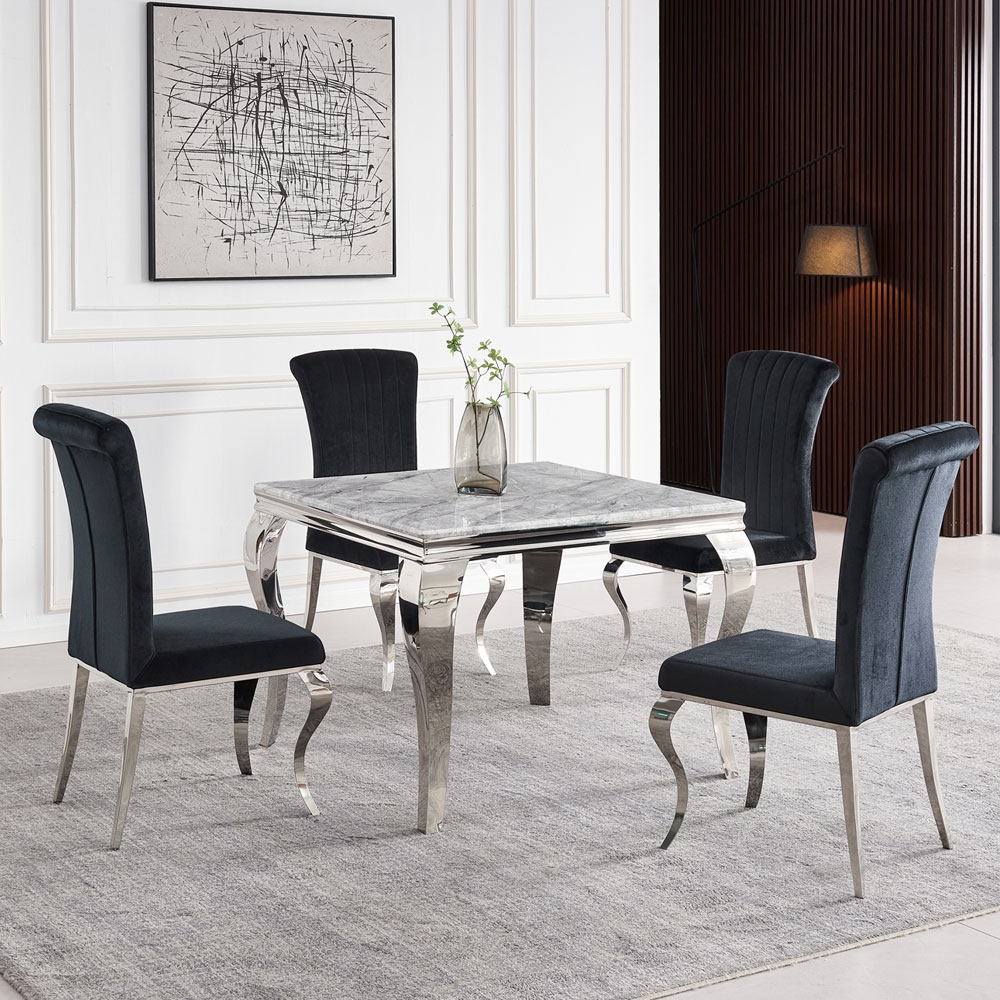 Product photograph of Louis Grey Marble And Chrome Square Dining Table With 4 Black Velvet Fabric Chairs from Choice Furniture Superstore.
