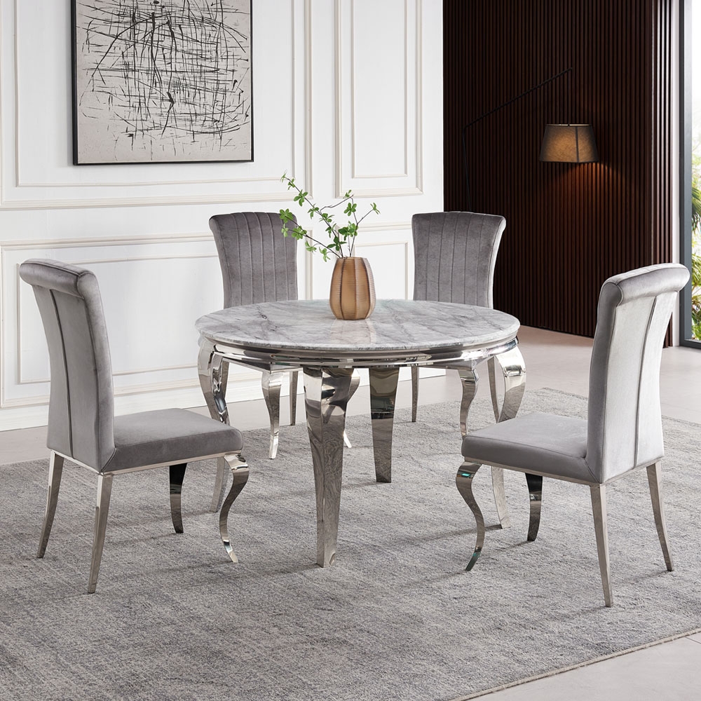 Product photograph of Louis Grey Marble And Chrome Round Dining Table With 4 Grey Velvet Fabric Chairs from Choice Furniture Superstore.