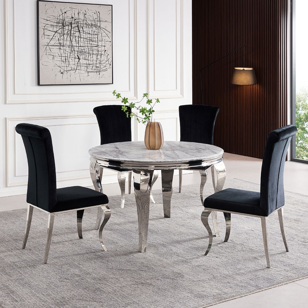 Product photograph of Louis Grey Marble And Chrome Round Dining Table With 4 Black Velvet Fabric Chairs from Choice Furniture Superstore.