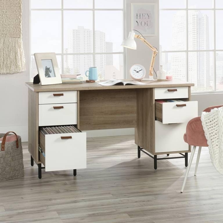 Product photograph of Teknik Avon Oak Leather Handled Desk from Choice Furniture Superstore.