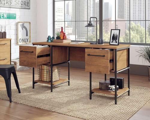 Product photograph of Teknik Iron Foundry Double Pedestal Oak Desk from Choice Furniture Superstore.
