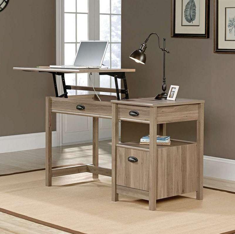 Product photograph of Teknik Salt Oak Sit Stand 3 Drawer Desk from Choice Furniture Superstore.