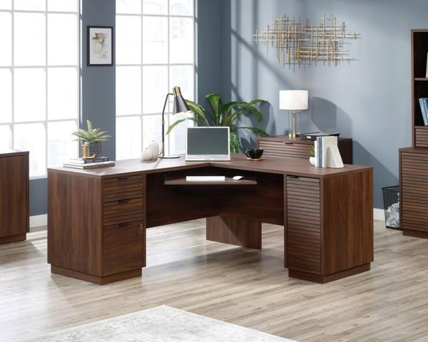 Product photograph of Teknik Elstree Mahogany L-shaped Desk from Choice Furniture Superstore.