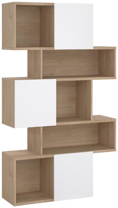 Product photograph of Maze Oak And White High Gloss Asymmetrical Design Bookcase from Choice Furniture Superstore.