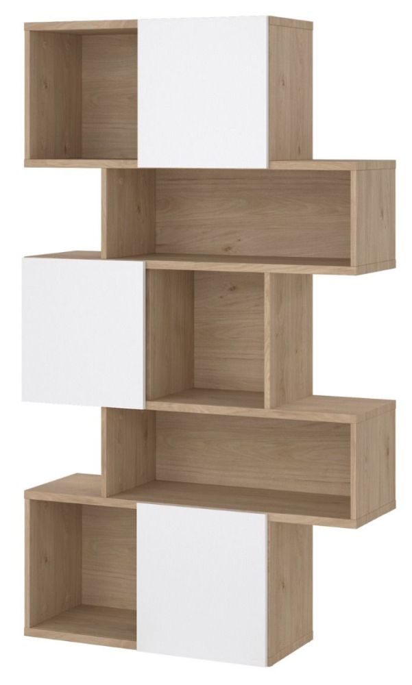 Product photograph of Maze Oak And White High Gloss Asymmetrical Design Bookcase from Choice Furniture Superstore.