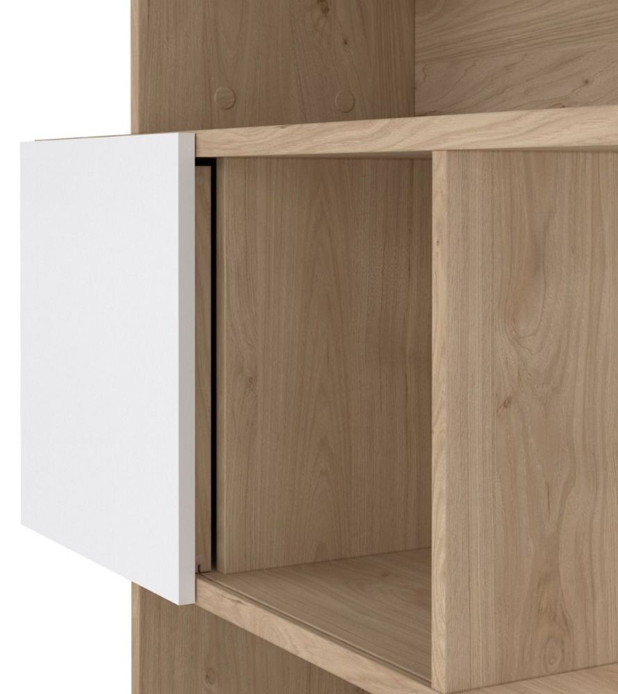 Product photograph of Maze Oak And White High Gloss Asymmetrical Design Bookcase from Choice Furniture Superstore.