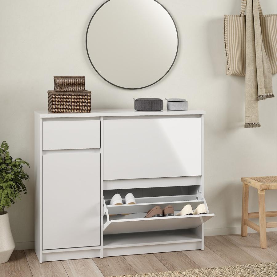 Product photograph of Naia White Gloss 2 Door 2 Drawer Shoe Cabinet from Choice Furniture Superstore.