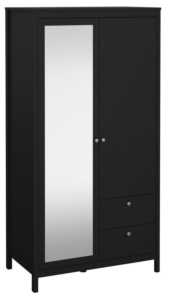 Product photograph of Madrid Matt Black 1 Door 1 Mirror Door 2 Drawer Wardrobe from Choice Furniture Superstore.