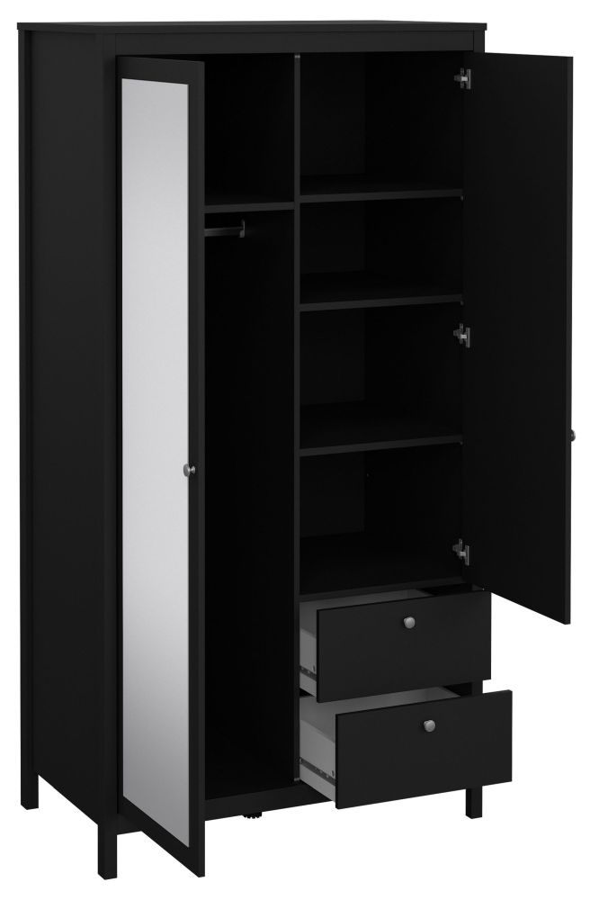 Product photograph of Madrid Matt Black 1 Door 1 Mirror Door 2 Drawer Wardrobe from Choice Furniture Superstore.