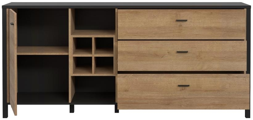 Product photograph of High Rock Matt Black And Riviera Oak 3 Drawer Large Sideboard from Choice Furniture Superstore.