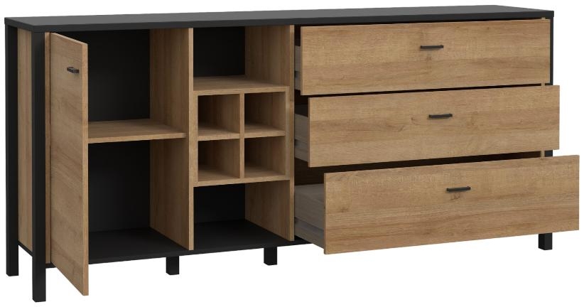 Product photograph of High Rock Matt Black And Riviera Oak 3 Drawer Large Sideboard from Choice Furniture Superstore.