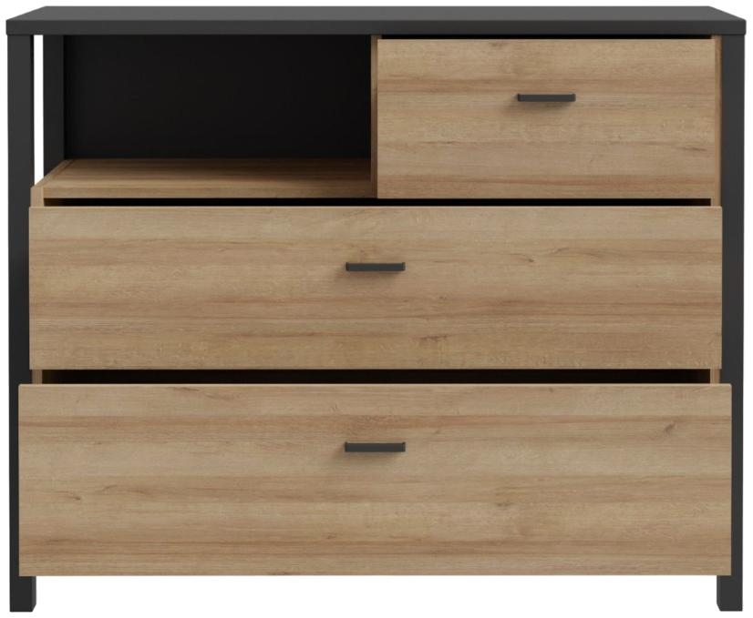 Product photograph of High Rock Matt Black And Riviera Oak 3 Drawer Chest from Choice Furniture Superstore.