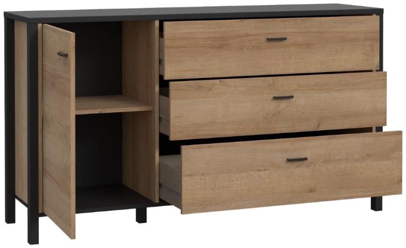 Product photograph of High Rock Matt Black And Riviera Oak 1 Door 3 Drawer Sideboard from Choice Furniture Superstore.