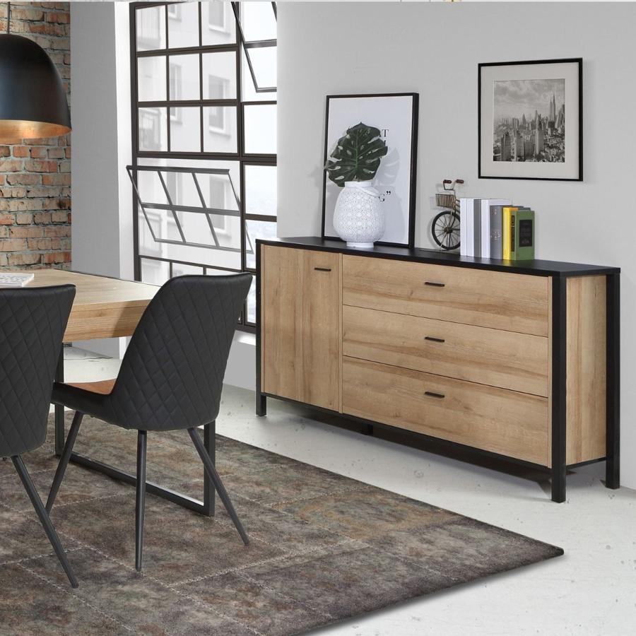 Product photograph of High Rock Matt Black And Riviera Oak 1 Door 3 Drawer Sideboard from Choice Furniture Superstore.