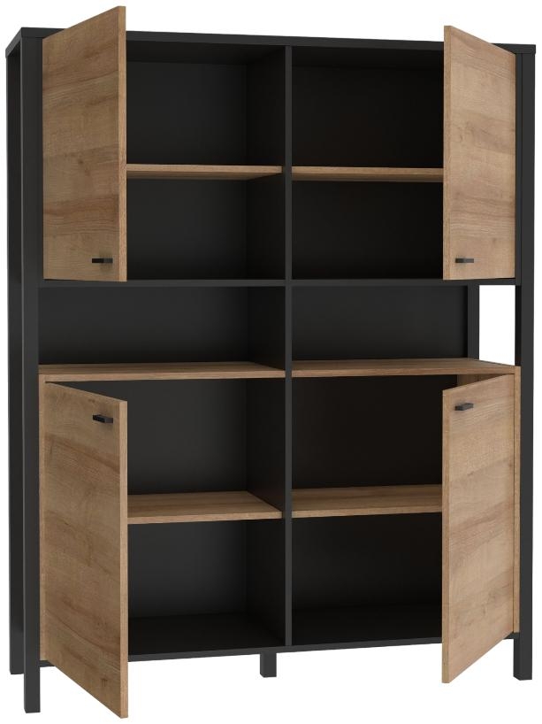 Product photograph of High Rock Matt Black And Riviera Oak 4 Door Storage Cabinet from Choice Furniture Superstore.