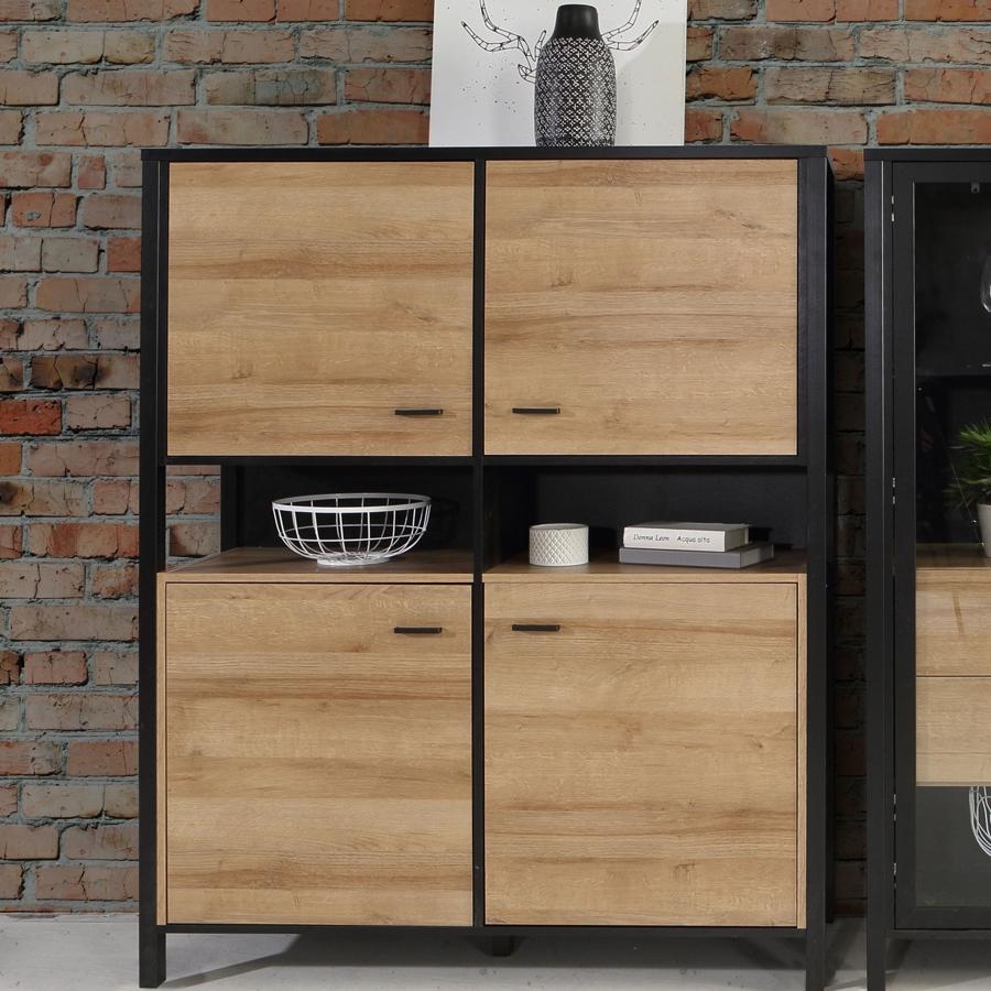 Product photograph of High Rock Matt Black And Riviera Oak 4 Door Storage Cabinet from Choice Furniture Superstore.