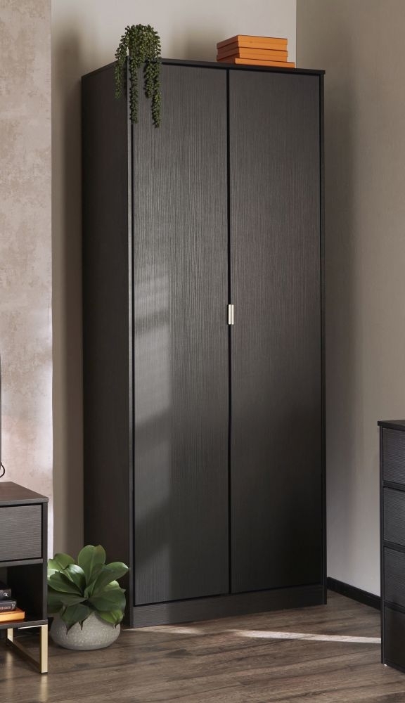 Product photograph of Clearance - Diego Black Gold 2 Door Tall Wardrobe - P7 from Choice Furniture Superstore.