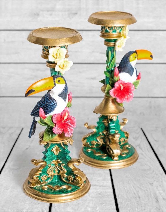 Product photograph of Multi Coloured Pair Of Ornate Toucan Candle Holders from Choice Furniture Superstore.