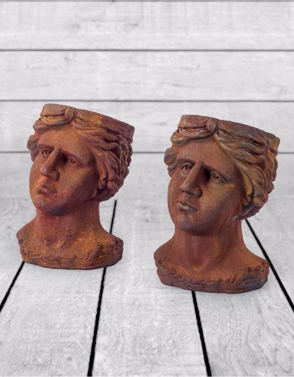 Set of 2 Antiqued Rusted Classical Head Planters