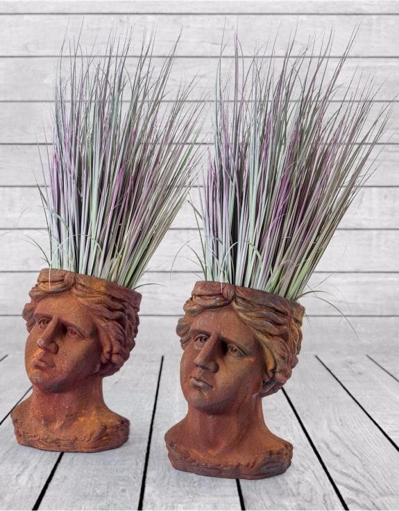 Set of 2 Antiqued Rusted Classical Head Planters